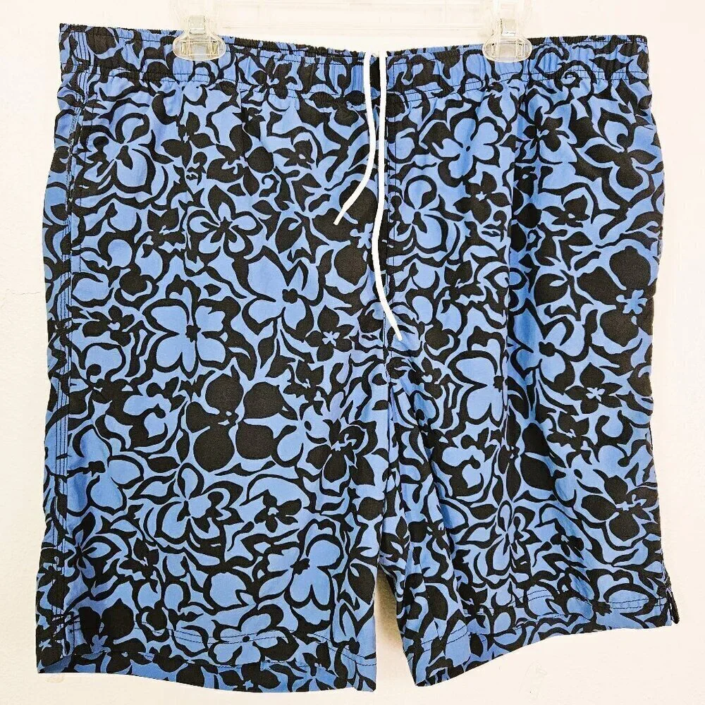 Lands' End Men Dark Blue Floral Pattern on Blue  Swim Trunks Size XL 40-42